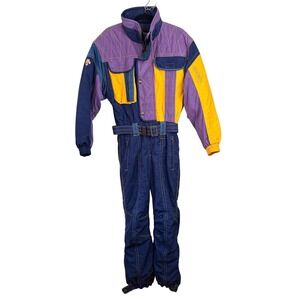 Vintage 80s/90s Descente Mens S 48 Ski Suit One Piece Purple Yellow Blue D5-8251